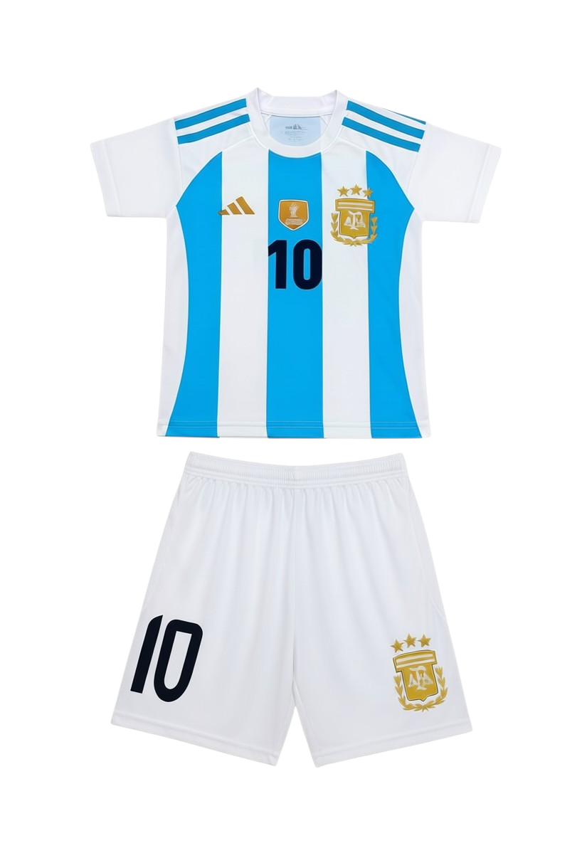 SMUG Argentina youth soccer jersey featuring Messi name and number 10 in black on sky blue and white striped fabric.