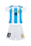 SMUG Argentina youth soccer jersey featuring Messi name and number 10 in black on sky blue and white striped fabric.